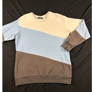 TICTICMIMI Colorblock Sweatshirt Pockets L Brown Blue Cream Streetwear Aesthetic